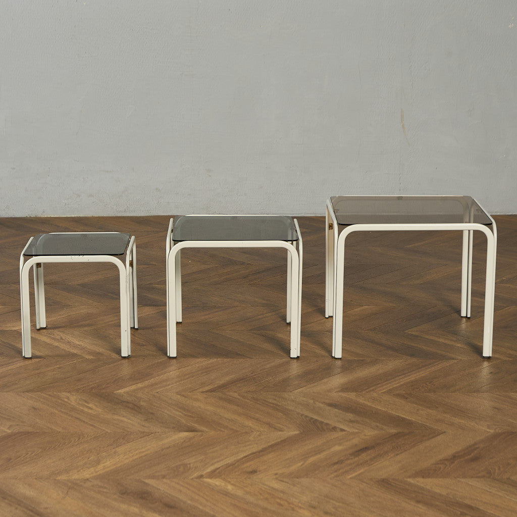 イギリス ヴィンテージ スモークガラストップ ネストテーブル